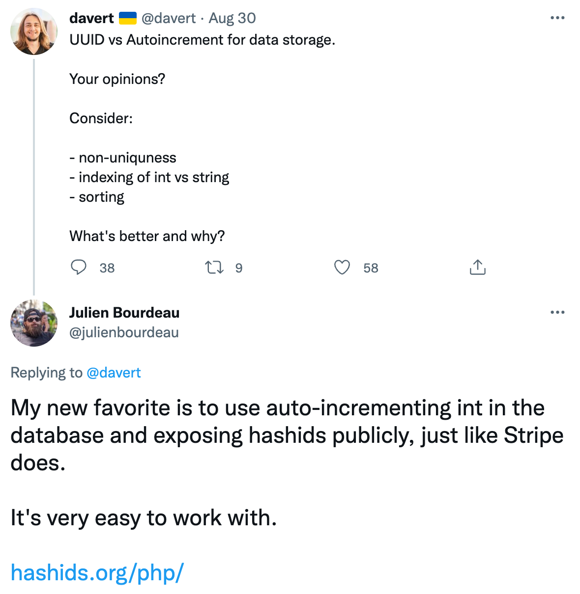 Screenshot of twitter conversation about ID vs UUID vs HASHID