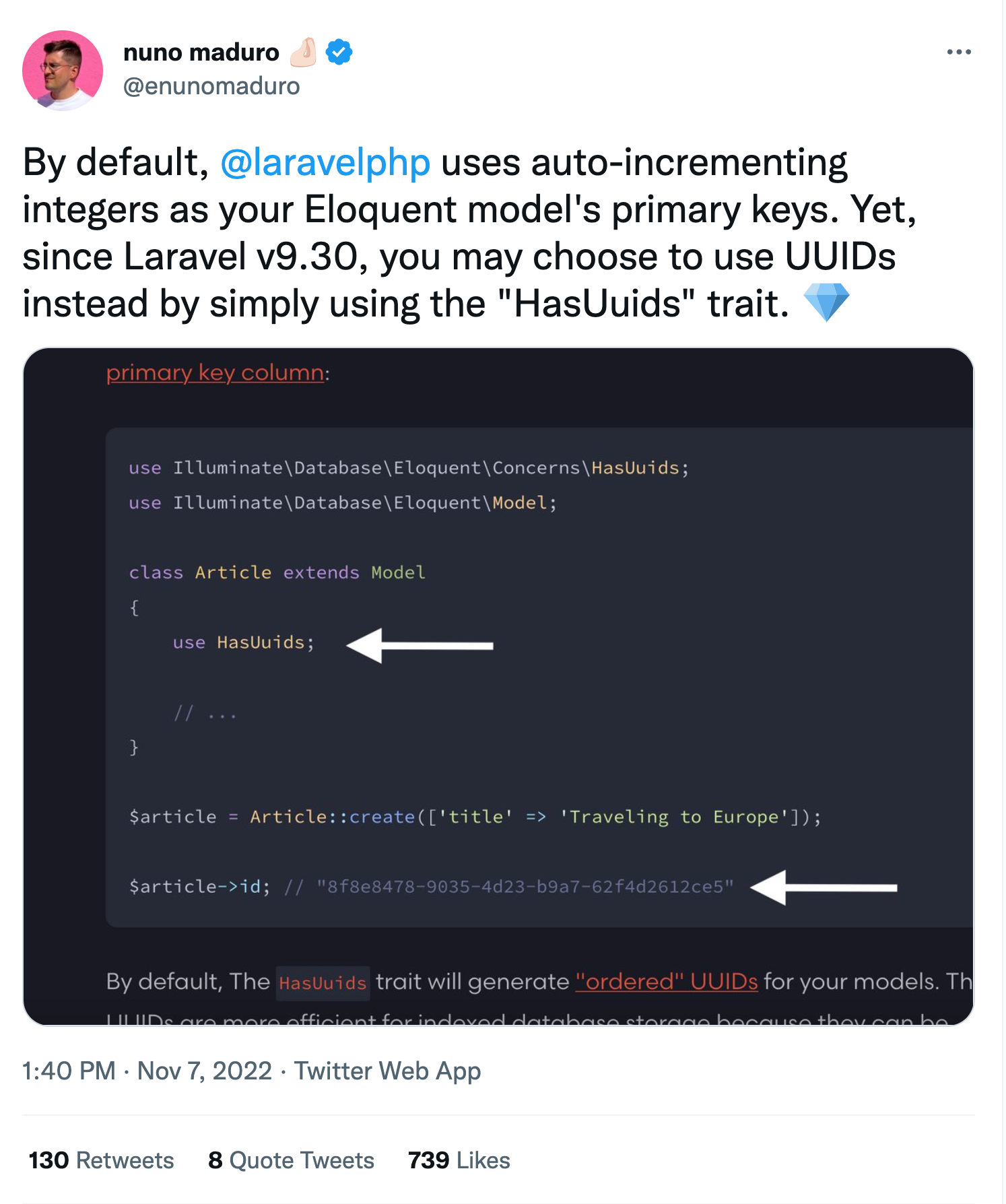 Screenshot of twitter about new Laravel UUID trait